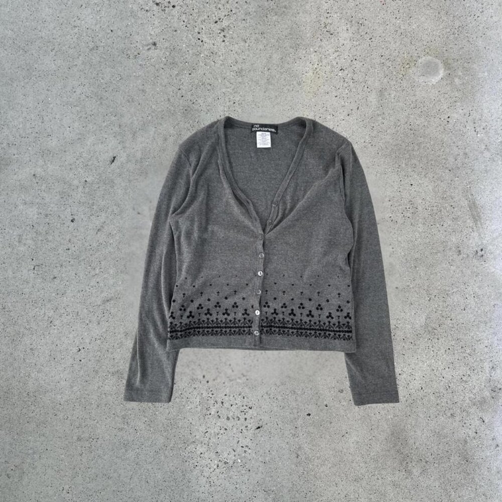 Vintage grey cardigan with black embroidery brand:...